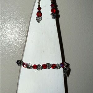 Valentines Day Chic Silver and Red Heart Chrystal Bracelet with Earrings